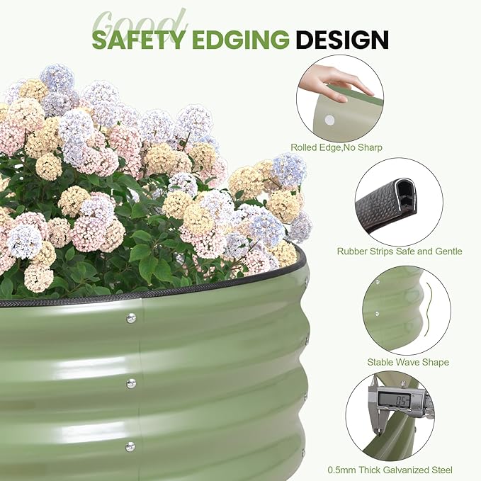G GOOD GAIN Round Raised Garden Bed - 2Pcs 3x3x1ft Galvanized Steel Planter Boxes Outdoor with Rubber Edge Trim | Metal Raised Beds for Gardening Vegetables Flowers Fruits Herbs (Olive Green)
