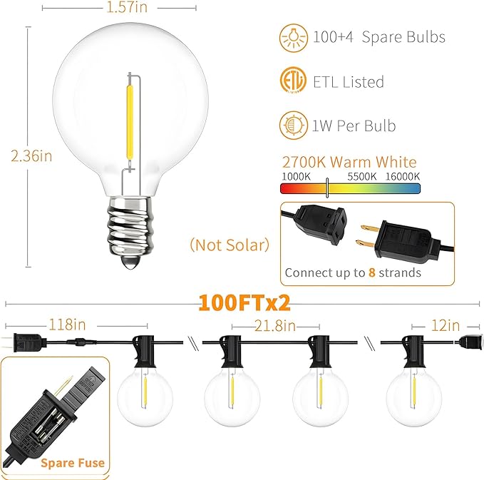 String Lights 200 FT Outdoor Waterproof G40 Globe Patio Lights