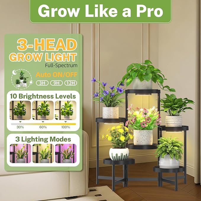 iDavosic.ly 6 Tier Folding Plant Stand Indoor Outdoor with Grow Light, Tiered Corner Flower Holder Shelf with Plastic Tray, Metal Orchid Display Rack for Patio Porch Living Room Garden Balcony, Black