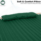 2 Person Hammocks for Outside, Double Quilted Fabric Outdoor Hammock with Spreader Bar, Large Removable Pillow, Storage Pockets, Carabiners, Max 475 lbs Capacity (Night Green)