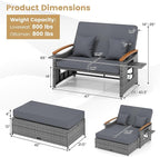 Tangkula Patio Rattan Daybed with 4-Level Adjustable Backrest, Outdoor Wicker Loveseat with Acacia Wood Armrest, Storage Ottoman & Folding Tray, Double Sunbed for Balcony, Backyard & Poolside (Grey)
