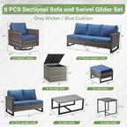 Belord Patio Conversation Set with Swivel Glider Chairs - 9 Piece Outdoor Sectional Furniture Set with Storage Box and Metal Top Table Gray Wicker/Blue Cushions