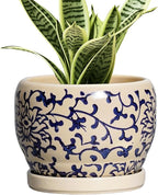 SQOWL Ceramic Flower Pots - 6 Inch Plant Pot Indoor with Drainage Hole and Saucer, Porcelain Ceramic Planter Outdoor, Decorative Round Small Planter, House Decor, Plant Lover Gifts, Blue and Beige