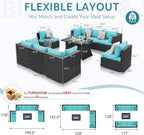 NICESOUL Extra-Large 9 Pcs Outdoor Patio Furniture Set with Fire Pit Table Natural Gas/Propane, 29.3'' High Back Deep Wide Modular Sofa Conversations with Fireplaces, 2 Color Cushion Teal Blue & Grey