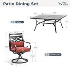 PHI VILLA 9 Pieces Outdoor Dining Set for 8, 60" Square Metal Table with Umbrella Hole & Wrought Iron Swivel Chairs, All Weather Outside Furniture with Red Cushions & Pillows for Patio, Deck, Porch