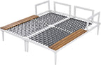 Outdoor Patio Metal Daybed with Wood Topped Side for Drinks, 2 in 1 Padded Chaise Lounge Chair with Cushions & Pillows, Outdoor Double Sun Lounger for Lawn Garden Poolside, Beige