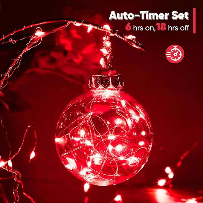 Indoor String Lights 2-Pack, 16.4 Ft Red LED Battery Powered with Remote