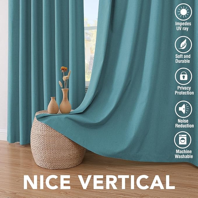 H.VERSAILTEX Linen Blackout Curtains 108 Inches Long 100% Absolutely Blackout Thermal Insulated Textured Linen Look Curtain Draperies Anti-Rust Grommet, Energy Saving with White Liner, 2 Panels, Teal