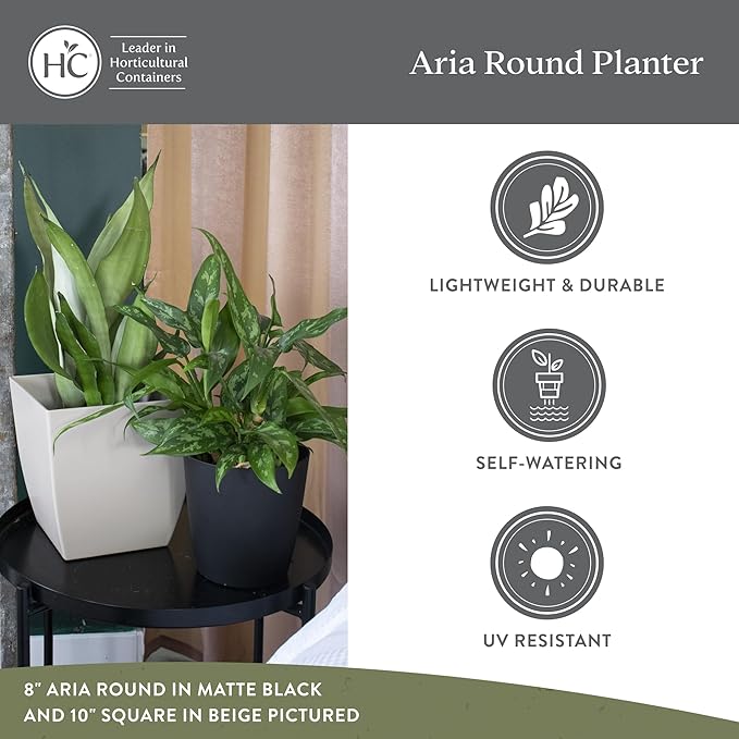 The HC Companies Aria Round Self-Watering Pot - Lightweight Plastic Planter for Herbs & More - Durable Plant Pots for Indoor Plants & Outdoor Plants (8" Glossy Avocado, Pack of 1)
