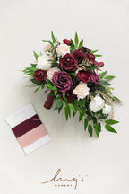 Artificial Cascading Bridal Bouquet in Marsala and Blush, 13 in