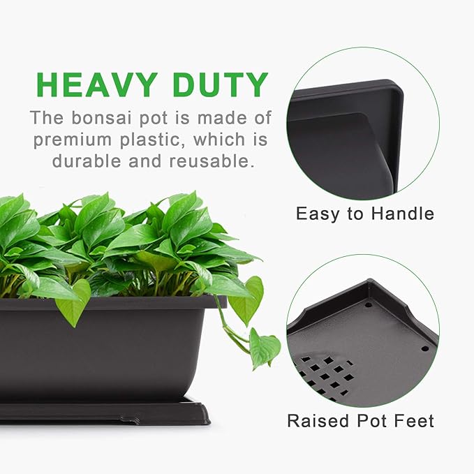 Planter Pots, 3-Pack Black Plastic 11 Inch Bonsai Training Pots with Drainage Tray