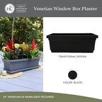 The HC Companies 17.5 Inch Venetian Rectangular Window Planter Box - Lightweight Plastic Indoor Outdoor Plant Pot with Drainage for Windowsill, Herbs, Flowers, Black