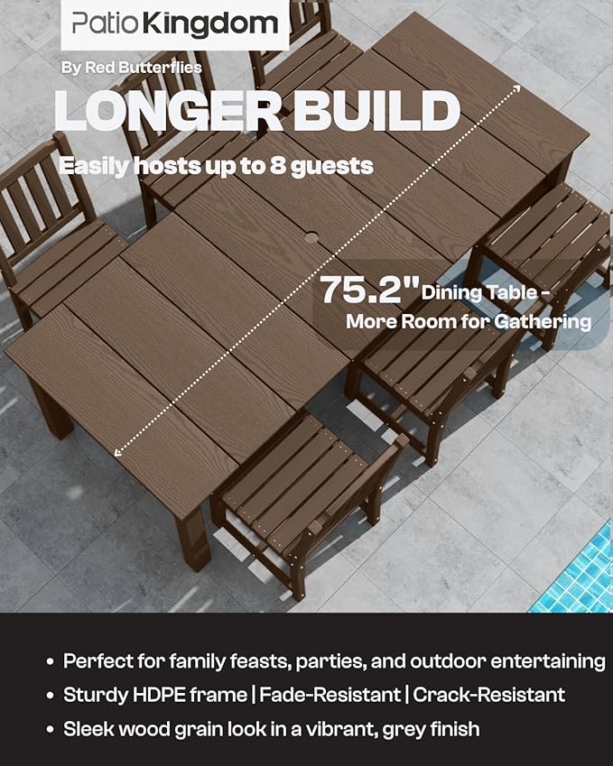 5-Piece Brown Outdoor Dining Set with White 11FT Large Patio Umbrella, 75.2'' HDPE Table & Chairs for 8, Weather-Resistant Furniture with Umbrella Hole for Patio, Lawn, Poolside