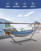 Double Hammock with Heavy-Duty Steel Stand,Portable,Easy Assembly,600lbs Weight Capacity,Suit for Indoor,Yard,Camping,or Outdoor-Fine Blue