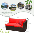 Devoko 2-Piece Modern Red Rattan & Metal Patio Sofa Set - Sectional Corner Sofa & Armless Sofa