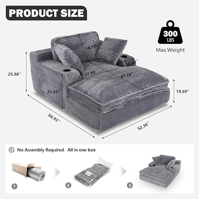 67" Oversized Chaise Lounge Chair Indoor, Soft Boneless Cloud Couch with 3 Pillows, 4 Side Pockets and 2 Cup Holders, Comfy Corduroy Sleeper Couch for Living Room Bedroom