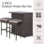 Tangkula Patio Bar Set, 3 Piece Outdoor Rattan Wicker Bar Set with 2 Cushions Stools & Glass Top Table, Gray & Off White Cover, Outdoor Furniture Set for Patio Backyard Porch Garden Poolside