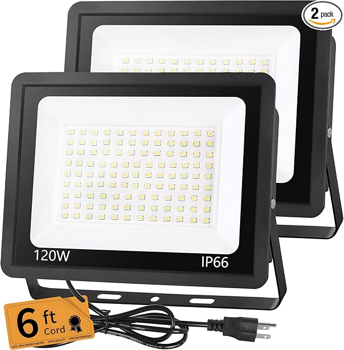 120W LED Flood Light Outdoor with 6ft Plug, 14400LM Brighter Exterior Security Lights, 5000K Daylight LED Work Light, IP66 Waterproof for Yard, Garage, Stadium, Lawn, 2 Pack
