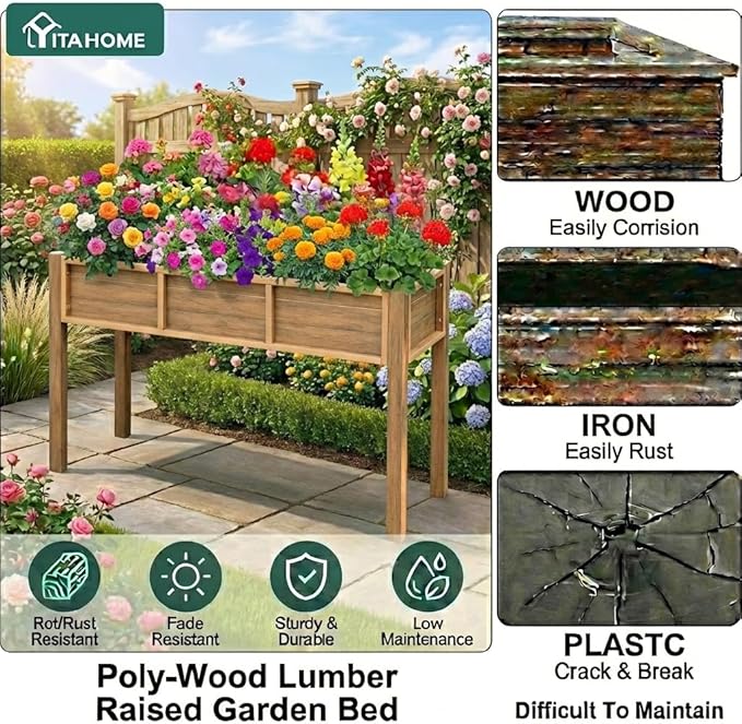 YITAHOME 48x18x30in Raised Garden Bed, Weather Resistant Poly Lumber Planter Box with Legs, Elevated Garden Bed for Yard, Garden, Balcony - Brown
