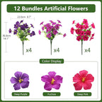 INQCMY Artificial Flowers for Outdoors Fake Plants Spring Decoration, 12 Bundles Faux Petunias UV Resistant No Fade Realistic Silk Flower for Outside Planters Patio Porch Yard Window Box