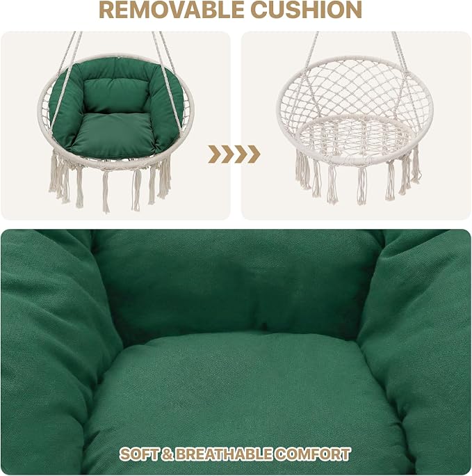 Hammock Chair with Dark Green Cushion, Polyester-Cotton Macrame Porch Swing