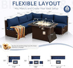 NICESOUL 6 Piece L-Shaped Outdoor Couch with Fireplace Natural Gas/Propane, 29.3'' High Back Wide Seat Patio Conversations for Outside, Oversized Comfy Sectional Furniture Set, Brown/Blue