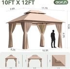 Aoxun 10x12 Outdoor Gazebo with 50FT LED Hanging Lights Metal Frame Canopy with Double Roofs Heavy Duty Party Tent Shelter with Mosquito Netting and Privacy Screen for Backyard, Lawn, Garden(Khaki)