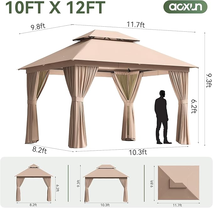 Aoxun 10x12 Outdoor Gazebo with 50FT LED Hanging Lights Metal Frame Canopy with Double Roofs Heavy Duty Party Tent Shelter with Mosquito Netting and Privacy Screen for Backyard, Lawn, Garden(Khaki)