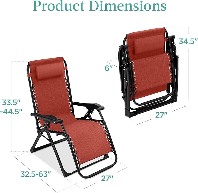 Best Choice Products Oversized Zero Gravity Chair, Folding Outdoor Patio Recliner, XL Anti Gravity Lounger w/Removable Cushion, Cup Holder, Side Tray, 350lb Capacity - Burnt Orange