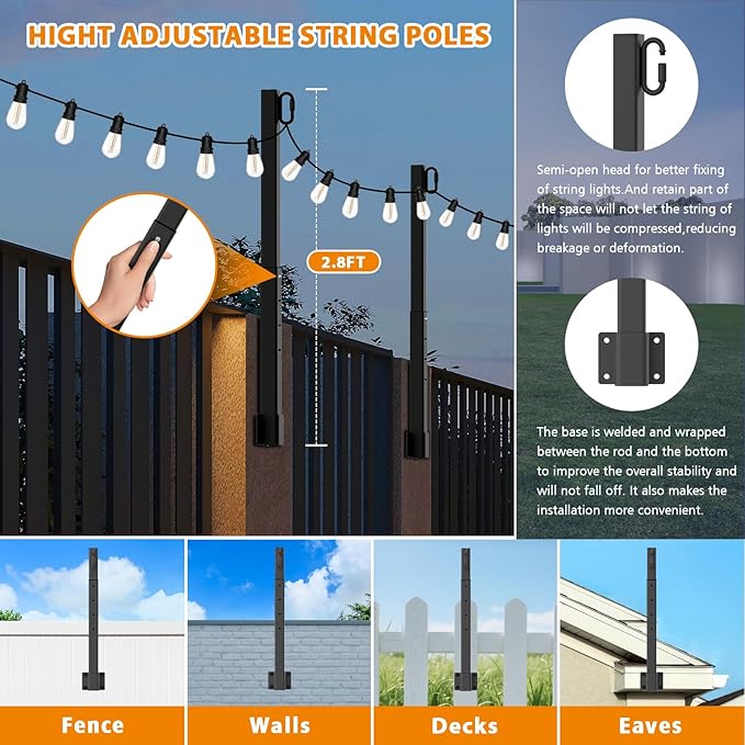 10 Pack String Light Poles,2.8 Ft Light Poles for Outside String Lights,Outdoor Lights Pole with Fork,Metal Poles Stand for Patio Deck Backyard