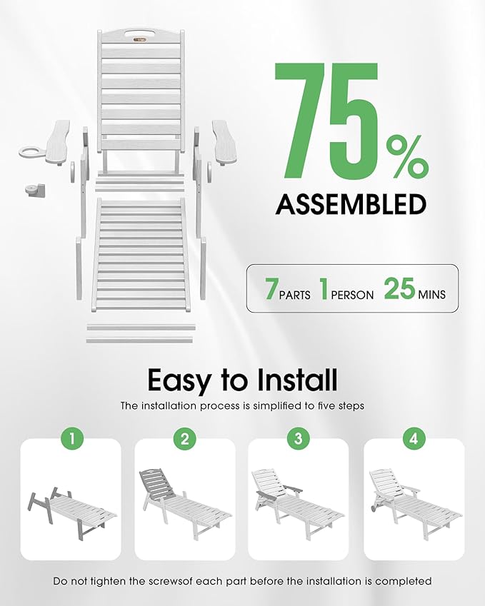 Lounge Chair Outdoor Set of 4 with Wheels, Adjustable 5-Position Chaise Lounge Outdoor, Patio Lounge Chair for Poolside Backyard, White