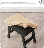 Foot Stool,Ottoman,Bamboo Small Sofa Foot Rest Under Desk,Extra Seating for Living Room, Bedroom and Kitchen (Black Stool Legs - Beige Surface)