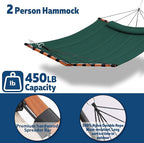 12FT 2 Person Hammock TegerDeger Large Hammock 450LB Capacity with V Shaped Hardwood Spreader Bar & Nylon Rope for Outside, Patio, Garden, Backyard, Beach, Poolside - Dark Green