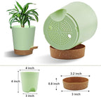Self Watering Pots, 4 inch Flower Pots with Multi Mesh Drainage Holes, Small Platic Planters for Indoor Outdoor Garden Plants and Flowers (Green with Brown Tray, 4")