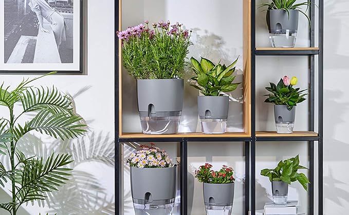 Self Watering Pots for Indoor Plants, 5 Pack 6/4.1/3.2 Inch Flower Pot Modern Decorative Plastic Planter with Extra Large Water Storage for All House Plants, Flowers, Herbs(White)