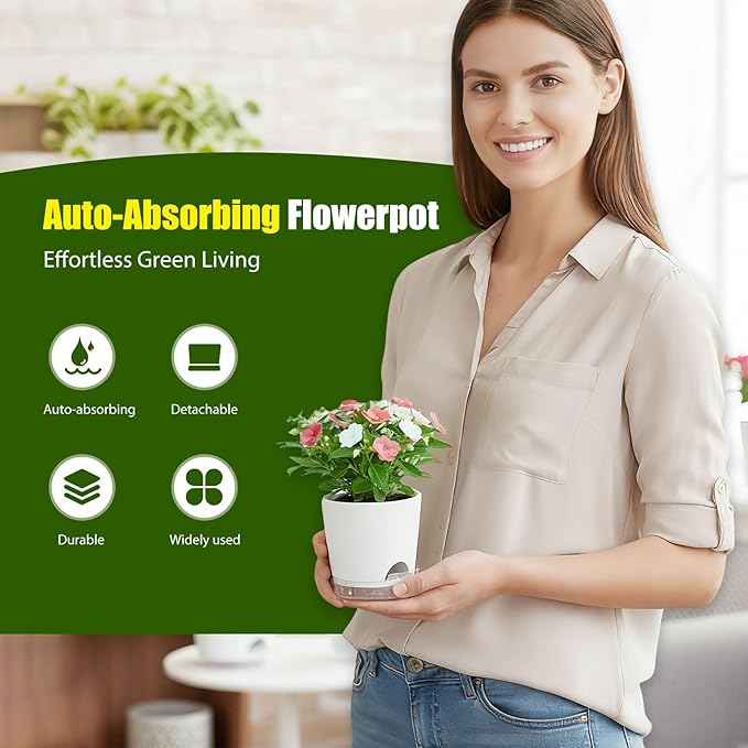 Plant Pots 4 Inch Self Watering Pots,6 Pack Plastic Planters with Drainage Holes and Clear Saucers,Plastic Flower Pots,Nursery Planting Pot for Indoor Out Door Plants (White)