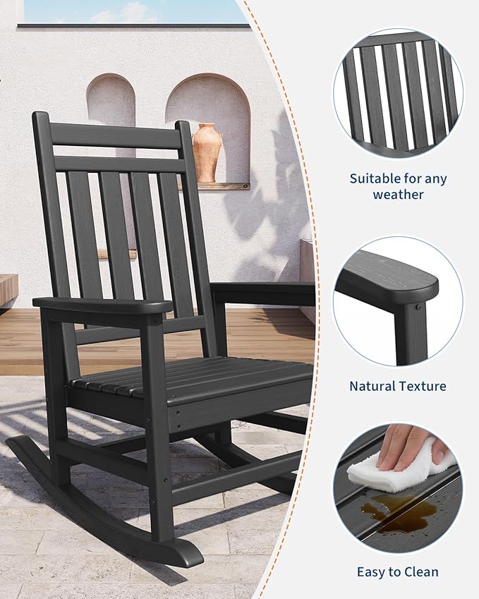GarveeLife Poly Lumber Rocking Chair Outdoor Set of 4 with 2 Side Table - HDPE High Back Porch Rocker Chairs for Adults - All Weather Resistant Furniture for Patio - Black