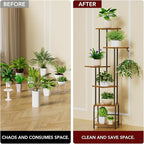 Plant Stand Indoor with Grow Light, 6-Tiered Tall Plant Stand Indoor, Metal Plant Shelf with Hanging Basket Hook and Adjustable Light, Ideal for Living Room, Garden, Patio, （Brown and Black）