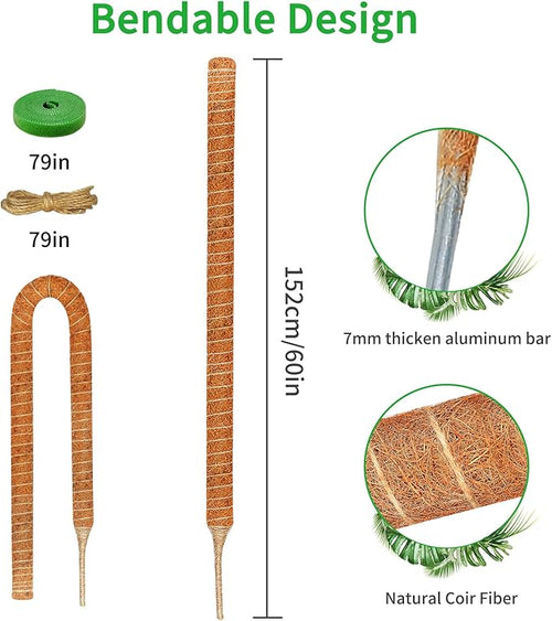 2 Pack 60 Inch Moss Pole Monstera Plant Support, Coir Moss Poles for Climbing Indoor Plants, Bendable Plant Stake Trellis for Potted Plant, Pothos, Philodendron