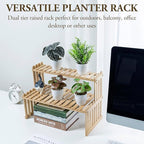 MyGift Natural Bamboo Indoor Plant Stand for Desk, 2 Tier Desktop Shelf Organizer Rack with 2 Slatted Shelves