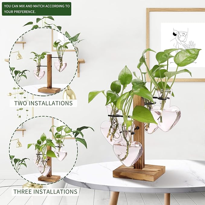 Terrarium Propagation Station, Pink Heart Glass Vase with Wood Stand
