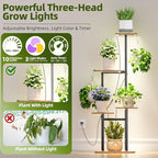 Plant Stand Indoor with Grow Lights, 46" Metal Corner Plant Shelf with 3 LED Lights, 2 Hanging Hooks, 5-Tiered Tall Plant Flower Holders for Living Room, Garden, Patio (Black Brown)