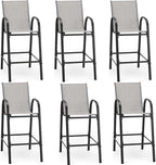 HOMREST Outdoor Bar Height Stools Set of 6,High Back Patio Chairs with Armrests,Textilene Chairs with Breathable Fabric & Metal Frame for All Weather,Light Grey