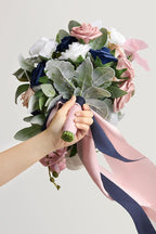 Artificial Bridal Cascade Bouquet, Dusty Rose and Navy, Pearls and Crystals