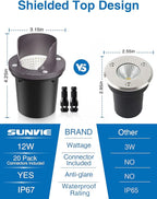 SUNVIE 12W Low Voltage Landscape Lighting Waterproof Outdoor In-Ground Lights Shielded LED Well Lights 12V-24V Warm White Landscape Lighting for Pathway Garden Fence Deck, 8 Pack with Wire Connectors