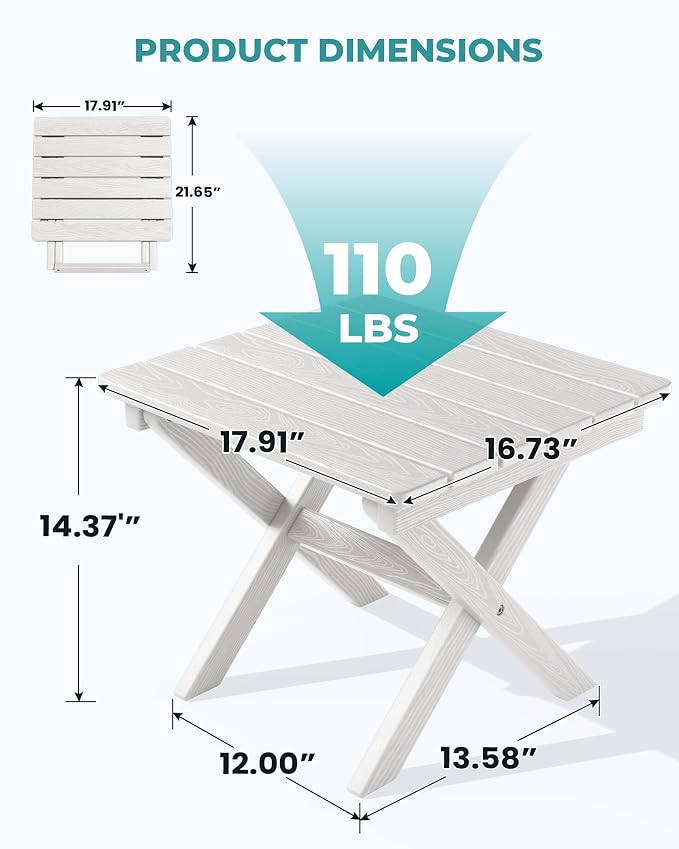 Side Table - Folding White HDPE Outdoor End Table, 110 lb Capacity