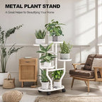 Plant Stand 5 Tier Indoor Outdoor Metal Flower Shelf with Wheels Multi Plants Holder Display Rack for Garden Patio Balcony Living Room White (White, 5 Tier)