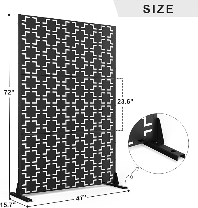 Decorative Fence Freestanding Privacy Screen, Black, 72 x 47 Inch