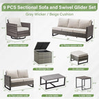 Belord Patio Conversation Set with Swivel Glider Chairs - 9 Piece Outdoor Sectional Furniture Set with Storage Box and Metal Top Table Gray Wicker/Beige Cushions