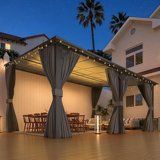 AECOJOY 16' x 12' Gazebo Outdoor Pergola with Curtains and Netting for Patio, Large Wall-Mounted Hardtop Lean to Metal Gazebo Shelter, Pergolas and Gazebos Clearance with Patio Roof Awnings for Decks